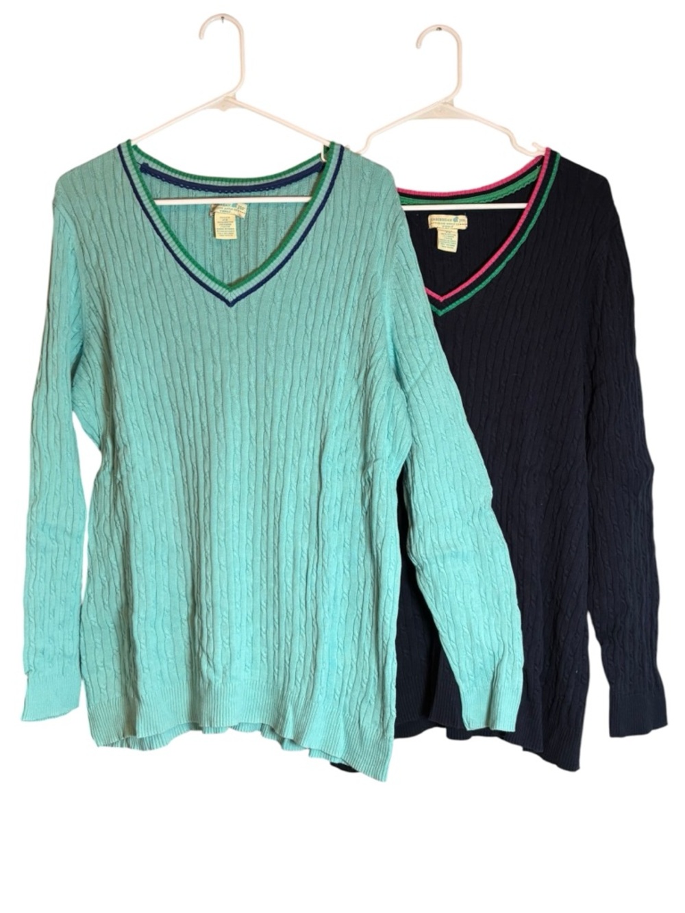 TWO! Caribbean Joe 2X Cable Knit Sweaters V-Neck Cotton Light Blue & Navy